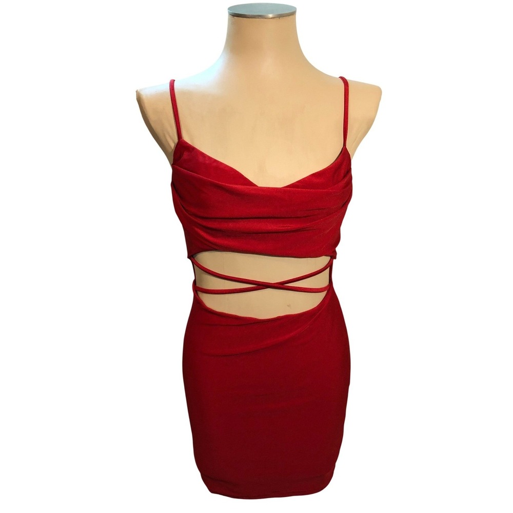 Windsor Red Cutout Bodycon Mini Dress Cowl Neck Strappy Waist Mens Small - Picture 3 of 5